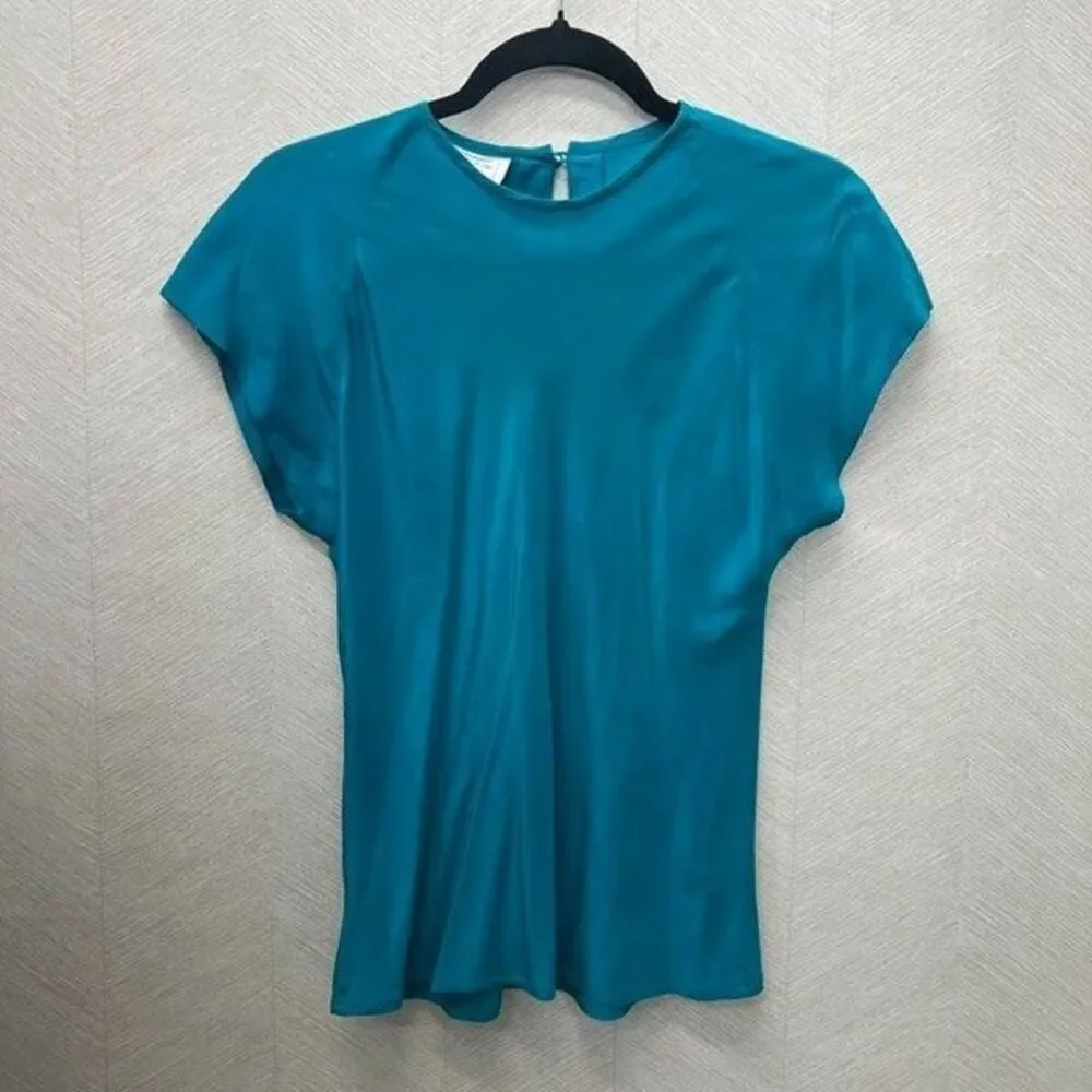Silk Studio Petite By Claude Bennett Flutter Sleeve Teal Silk Top Womens Size XS